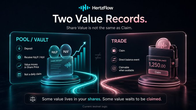 The image is a HertzFlow graphic titled "Two Value Records" explaining that "Share Value is not the same as Claim," contrasting a POOL/VAULT side (with HtzP/HtzV shares, deposits, and a share receipt) against a TRADE side (showing a Claimable Balance of 1,250.00 with a Claim button), with the tagline "Some value lives in your shares. Some value waits to be claimed." It visually addresses the user's confusion by illustrating why vault earnings (share value) don't appear directly as claimable funds in the Trade section, since the two are tracked as separate value records.