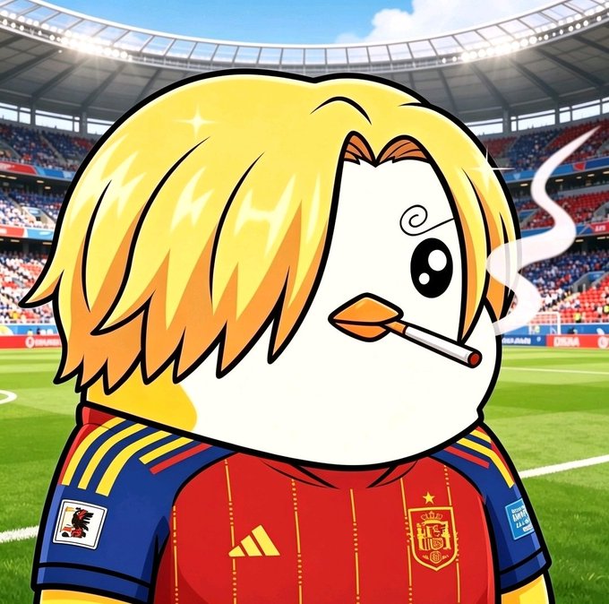 A cartoonish bird character with blonde hair smoking a cigarette, wearing a red and blue soccer jersey with the Belgian national crest, set against a stadium backdrop.