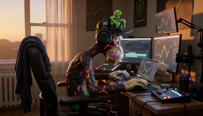 A 3D rendered illustration of a humanoid character with glowing red veins wearing a cap with a Pepe the Frog figure, sitting at a desk with multiple monitors displaying financial charts and trading setups.