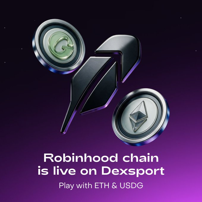 A promotional graphic for the “Robinhood chain” displays Ethereum and other crypto coin icons above the text “Robinhood chain is live on Dexsport” and “Play with ETH & USDG.”