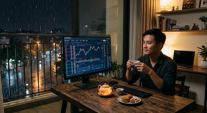A man sits at a desk holding a teacup, with a computer monitor displaying a stock chart and pastries on the table, set against a rainy nighttime cityscape.