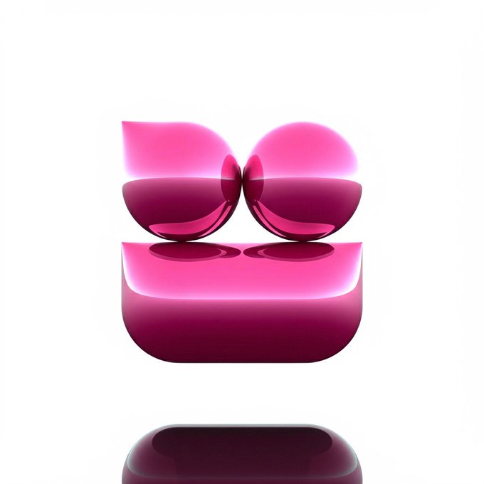 A glossy, translucent pink 3D abstract object with rounded shapes resembling glasses or spheres resting on a white reflective surface.
