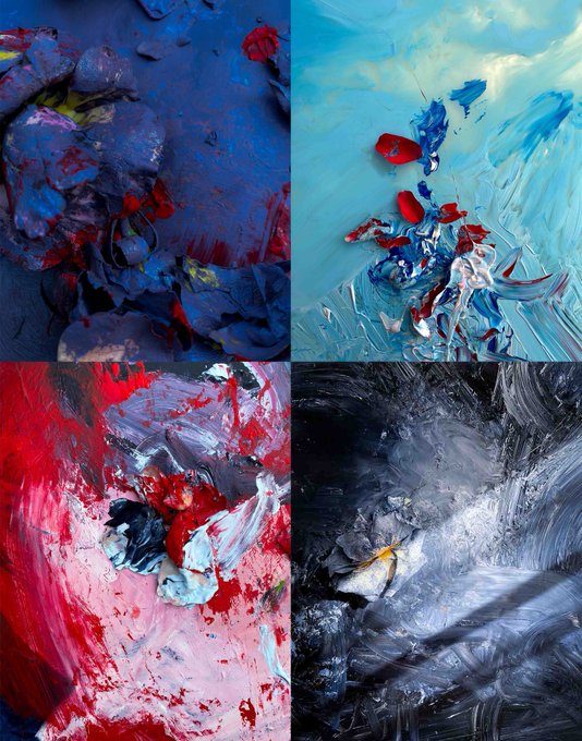 Four abstract oil paintings displayed in a grid, each featuring heavy impasto brushstrokes in distinct color palettes—deep blues with red accents, sky blues with crimson splashes, vibrant reds and pinks, and moody blacks and grays—evoking the textured, layered quality fitting for a "Morning ordinals" collection.