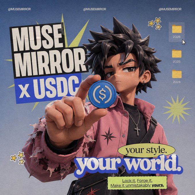 An anime-style character holds up a USDC coin with the text 'MUSE MIRROR x USDC' and 'your style. your world.'