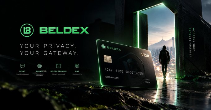 An advertisement for 'BELDEX' featuring the tagline 'YOUR PRIVACY. YOUR GATEWAY.' displays a glowing credit card and interface elements labeled 'BCHAT', 'BELNET', 'BELDEX BROWSER', and 'BNS'.