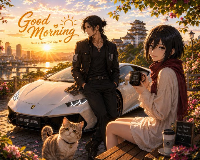 An anime-style illustration depicts a man and a woman by a white Lamborghini at sunset, with text reading 'Good Morning' and 'CHASE YOUR DREAMS'.