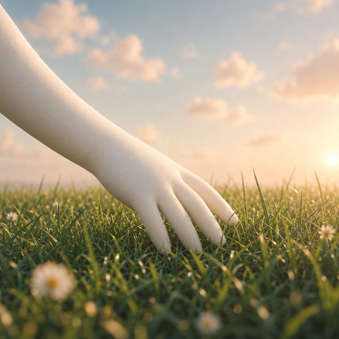 A pale, mannequin-like hand gently brushes through lush green grass dotted with small daisies under a warm sunset sky, illustrating the "touch grass" advice in the post.