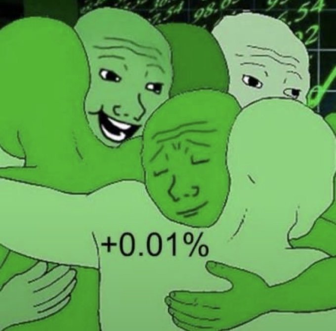 A meme featuring three green Pepe the Frog characters hugging, with stock market numbers in the background and text '+0.01%' displayed, humorously representing a tiny stock market gain.