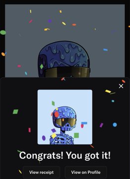 A digital collectible notification showing a colorful skeleton character with a blue brain-like head, with confetti and the text 'Congrats! You got it!' along with 'View receipt' and 'View on Profile' buttons.