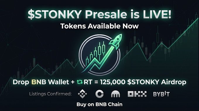 A promotional graphic announces the live $STONKY presale on the BNB Chain, featuring a rocket-launch icon over a green candlestick chart and listing confirmed exchange listings (Binance, CoinMarketCap, OKX, Bybit). It highlights an airdrop offer ("Drop BNB Wallet + [wallet icon]RT = 125,000 $STONKY") and "Buy on BNB Chain," which directly corresponds to the post's instructions to send BNB to the specified contract address at a rate of 1 BNB = 35,000,000 $STONKY.