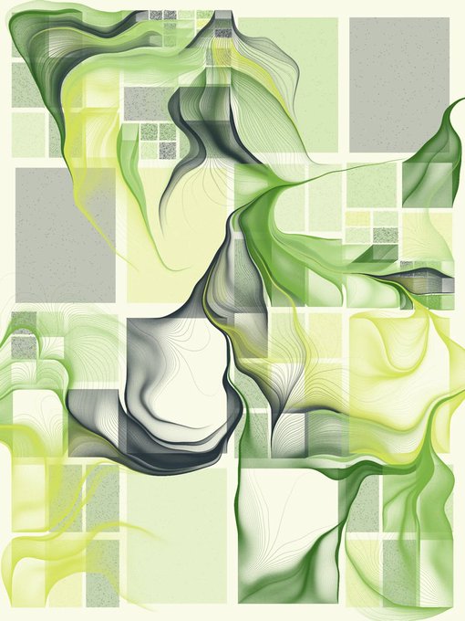 A digital abstract artwork featuring flowing green and gray smoke-like forms overlaid on a grid pattern of light and dark rectangular tiles.