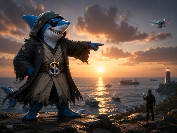 A giant blue shark wearing a tattered robe with a dollar sign belt buckle and eyepatch points dramatically toward the sunset, while a person below photographs a coastal scene with cargo ships, a lighthouse, and a drone—symbolizing the massive traditional shipping industry being reframed as an emerging on-chain opportunity through @EthraShip.