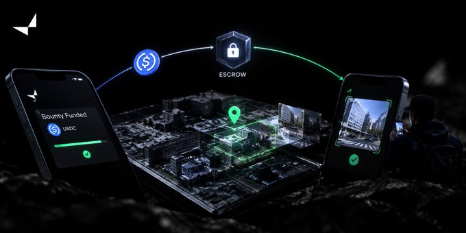 A futuristic tech illustration shows a bounty being funded via USDC through an escrow system, depicted with two smartphones, a 3D city map with a location pin, and digital security icons against a dark background.