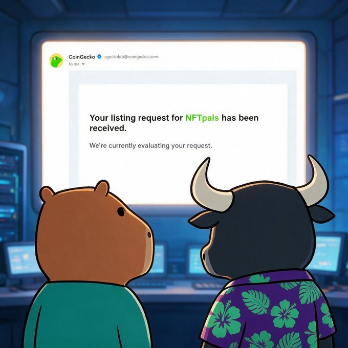 An illustrated scene shows a bear and a bull character looking at a screen displaying a CoinGecko email confirming that a listing request for NFTpals has been received.