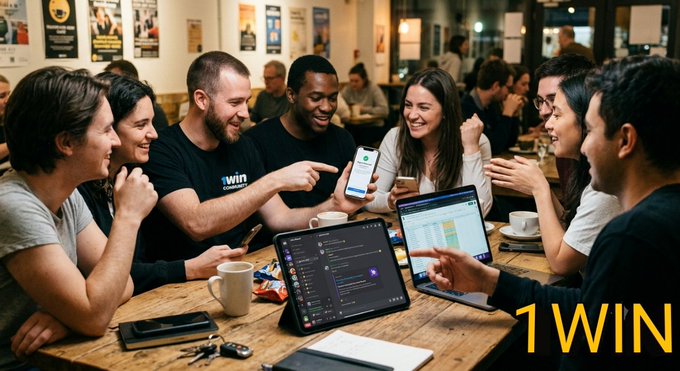 A promotional image for '1WIN' betting platform showing a group of diverse young people gathered around a table with laptops and smartphones, smiling and engaged in conversation.