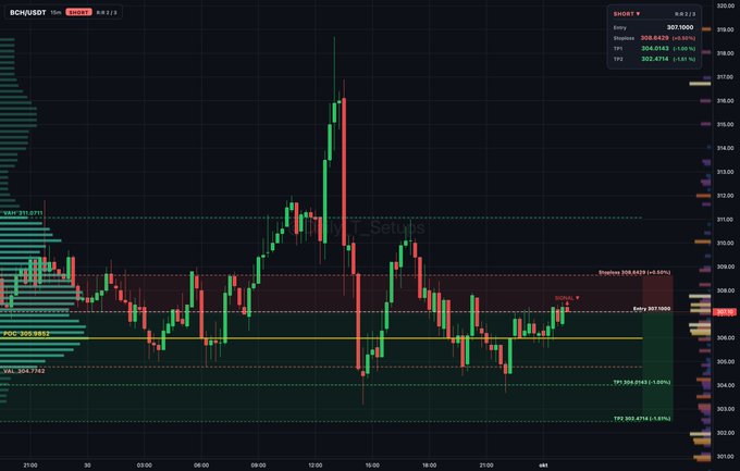 A BCH/USD 15-minute candlestick chart from MNT Setups shows Bitcoin Cash trading around 307.10, with a Short setup indicated showing entry at 307.1000, stoploss at 308.6423 (+0.50%), TP1 at 304.0143 (-1.00%), and TP2 at 302.4714 (-1.50%).