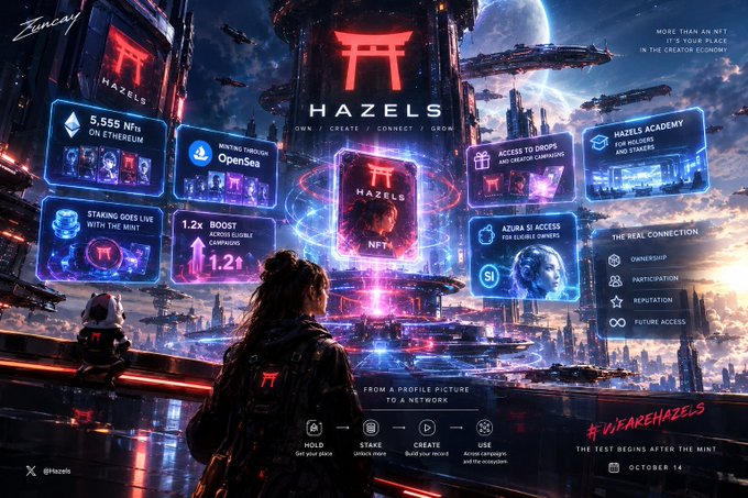 A futuristic cyberpunk-style promotional poster for 'HAZELS' NFT project, featuring a sci-fi cityscape, a character viewing holographic displays, and text noting 'MORE THAN AN NFT IT'S YOUR PLACE IN THE CREATOR ECONOMY' and 'OCTOBER 14'.