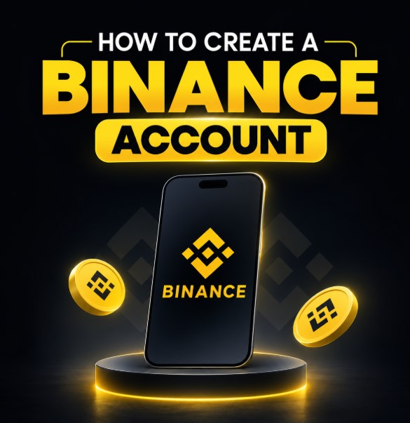 A digital promotional graphic titled 'HOW TO CREATE A BINANCE ACCOUNT' features a smartphone displaying the Binance logo, surrounded by glowing golden Binance coins on a black background.