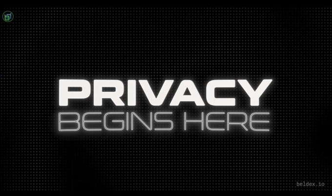 Dark graphic with a glowing white text display reading 'PRIVACY BEGINS HERE' on a dotted background, with 'beldex.io' in the bottom right corner.