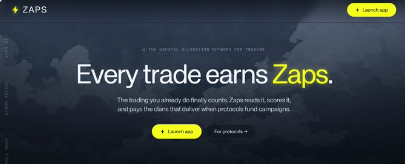 A dark-themed webpage screenshot displays the 'ZAPS' logo and text reading 'Every trade earns Zaps', describing a digital allocation network.