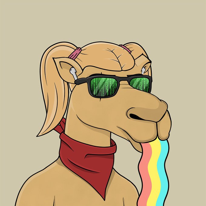 A cartoon camel wearing sunglasses with a digital matrix reflection and a red bandana, blowing a rainbow stream out of its mouth.