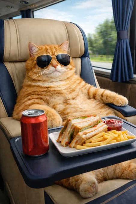 An orange tabby cat wearing dark sunglasses lounges in a beige train seat, with a tray table holding a red soda can, a club sandwich, french fries, and a side of ketchup.