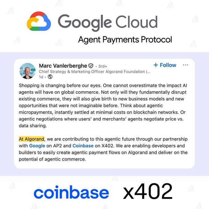 LinkedIn post by Marc Vanlerberghe about Google Cloud's 'Agent Payments Protocol', discussing AI agents and commerce, noting Algorand's partnership with Google on AP2 and Coinbase on X402.