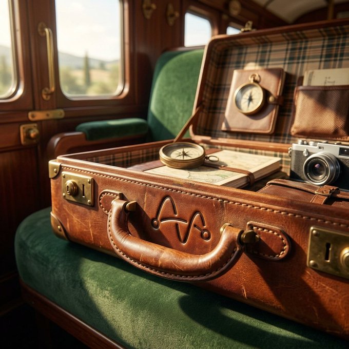 An open vintage brown leather suitcase containing a compass, old map, and vintage camera, sitting on a green velvet seat inside a classic train compartment.