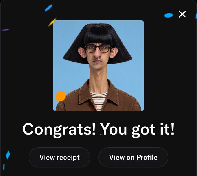 A mobile app screenshot showing a successful transaction with the text 'Congrats! You got it!' above buttons for 'View receipt' and 'View on Profile', featuring a profile picture of a person with a distinctive bob haircut and glasses.