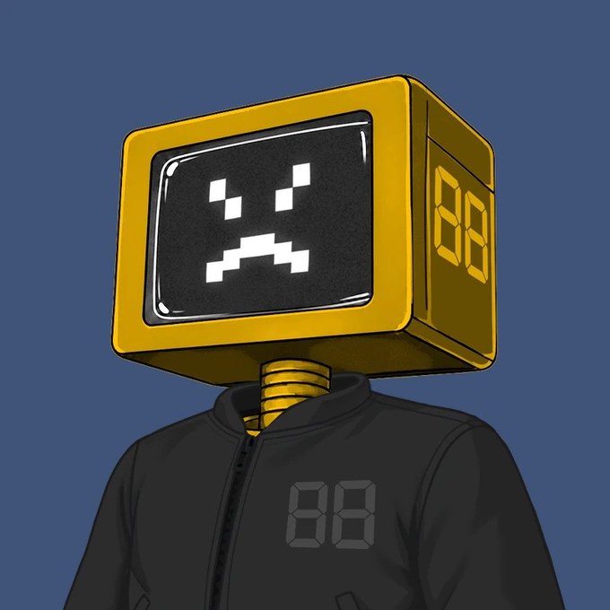 An illustration of a character with a yellow CRT monitor for a head displaying a pixelated sad face, wearing a black jacket with '88' on it.