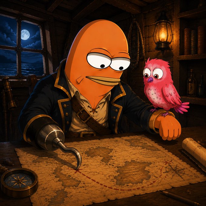 A cartoon orange character with a hook hand studies a treasure map in a dimly lit ship's cabin alongside a pink parrot, evoking a swashbuckling adventure. The imagery of treasure hunting pairs with the post's announcement about a "collectible allowlist" for Bob holders, suggesting holders are in for a valuable "treasure."