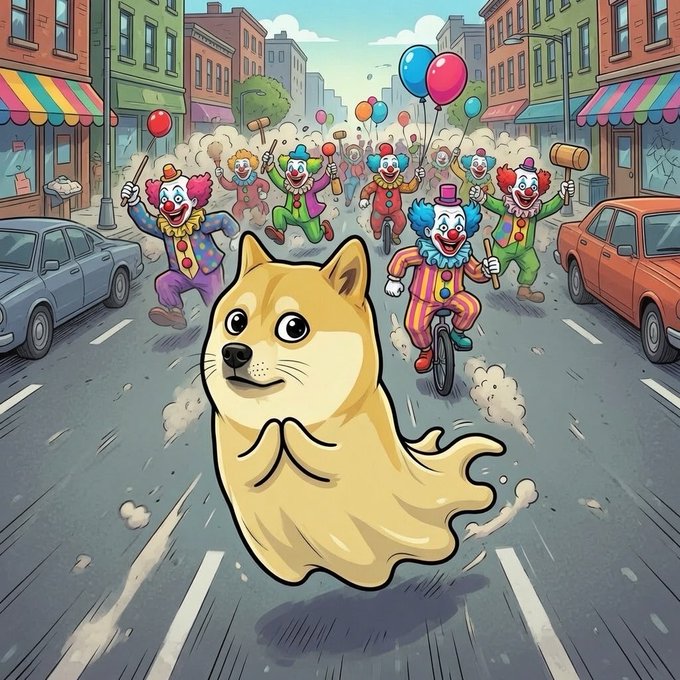 A cartoon-style illustration of the Doge Shiba Inu meme character running down a city street being chased by a horde of menacing clowns with balloons and mallets.