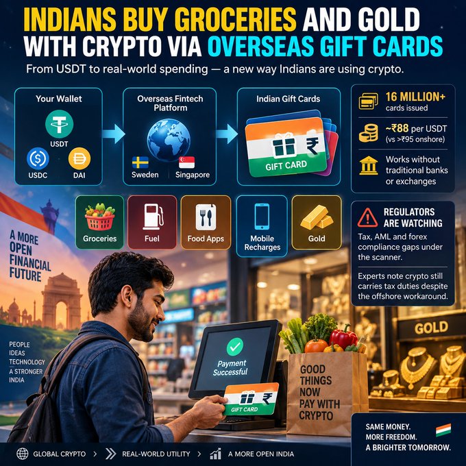 An infographic titled 'INDIANS BUY GROCERIES AND GOLD WITH CRYPTO VIA OVERSEAS GIFT CARDS' illustrates a workflow from USDT/USDC/DAI wallets through Sweden/Singapore fintech platforms to Indian gift cards, noting 16 million+ cards issued and ₹88 per USDT rate.