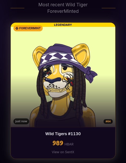 SentX NFT listing for 'Wild Tigers #1130' priced at 989 HBAR, showing a legendary cartoon tiger character with dreadlocks and a purple bandana, marked 'Just now' #64.