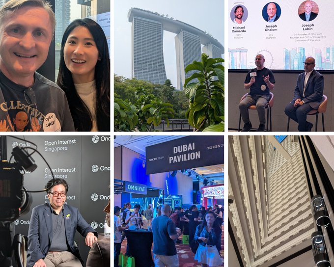 A collage of six images showing events at Token2049 Singapore, including speakers (Michael Cannella, Joseph Chalom, Joseph Lubin), the Marina Bay Sands, the Dubai Pavilion, and the Ondo booth.
