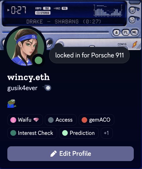 A profile card for 'wincy.eth' (gusik4ever) on a platform, displaying 'locked in for Porsche 911' as their status, with categories like Waifu, Access, gemACO, Interest Check, and Prediction, set against a Drake Shabrang music player background.