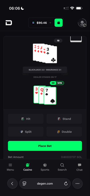 A mobile screenshot of a blackjack game on a casino app shows the player's hand winning with a Queen and 7 against the dealer's 17, with a balance of $90.46.