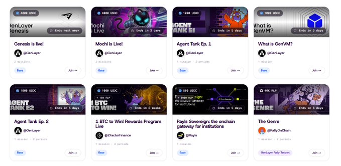 A screenshot of a webpage displaying eight cryptocurrency-related missions and quests from GenLayer, including titles like 'Mochi is Live!', 'Agent Tank Ep. 1', 'What is GenVM?', 'Agent Tank Ep. 2', '1 BTC to Win! Rewards Program Live', 'Rayls Sovereignty', and 'The Genre'.