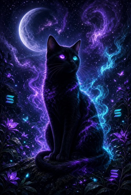 An illustrated black cat with glowing purple and cyan eyes sits under a crescent moon, surrounded by swirling purple and blue cosmic energy and glowing flowers.