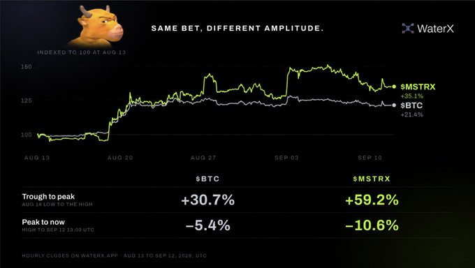 A performance chart titled 'SAME BET, DIFFERENT AMPLITUDE' comparing $MSTRX (+35.1%) and $BTC (+21.4%) indexed to 100 from August 13 to September 10, branded with WaterX and a cow logo.