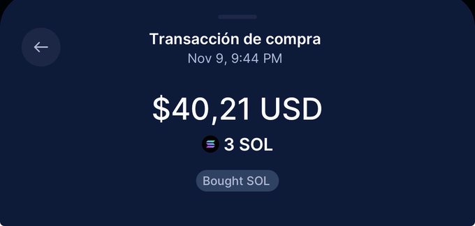 A transaction confirmation screen displays a purchase of "3 SOL" for "$40,21 USD" labeled "Bought SOL" dated Nov 9, 9:44 PM, marking the day Solana was acquired.