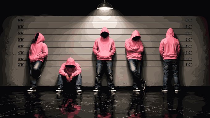 A digital illustration of five faceless figures in pink hoodies and jeans posing in a police lineup against a height measurement wall under a single spotlight.
