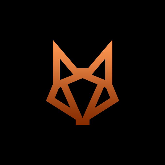 A minimalist geometric logo of a fox or cat face in an orange-to-brown gradient is centered on a black background.
