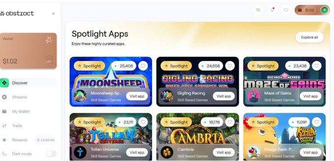 A screenshot of the abstract platform displaying 'Spotlight Apps' with a wallet balance of $1.02, featuring skill-based games like Mooncheep $p (25,406), Gigling Racing (24,058), Maze of Gains (23,436), Tolian Universe (23,111), Cambria (16,176), and Kluge Bash P... (11,091).