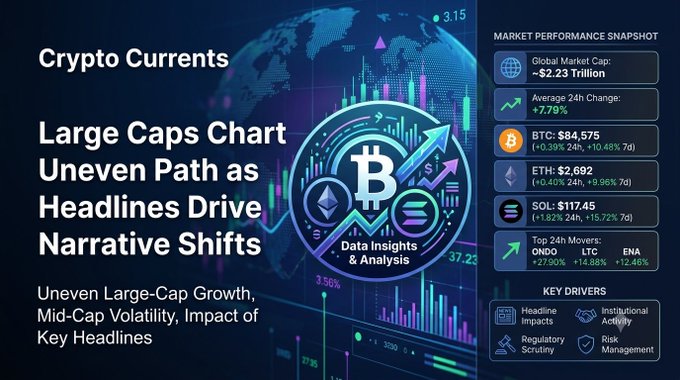 A crypto market graphic titled 'Crypto Currents' with subtitle 'Large Caps Chart Uneven Path as Headlines Drive Narrative Shifts', showing a market snapshot with BTC at $94,575, ETH at $2,692, and SOL at $117.45.