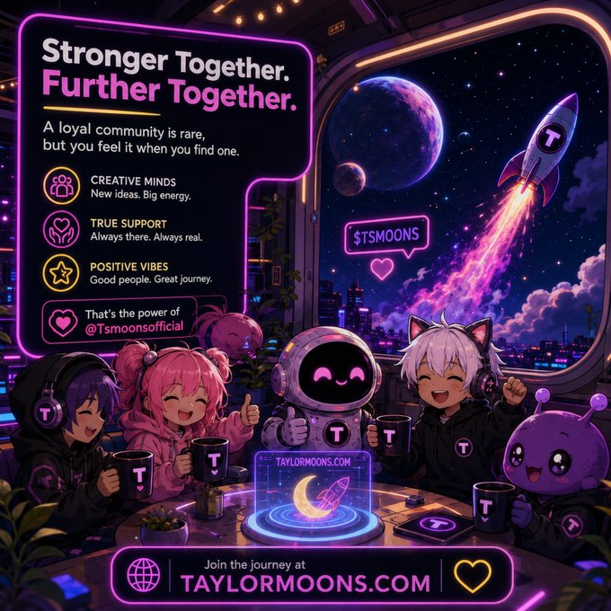 A vibrant neon-lit illustration shows four anime-style characters and an astronaut gathered around a table with mugs, while a rocket emblazoned with the $T symbol launches toward a planet, reinforcing the post's message about the $TSMOONS community at Taylormoons.com. The image's text "Stronger Together. Further Together." and "@Tsmoonsofficial" branding directly echo the post's themes of creative, supportive collaboration powering the token's journey.