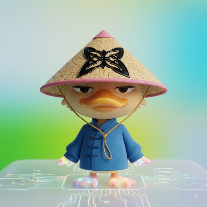 A 3D-rendered cartoon duck character wearing a traditional conical straw hat with a butterfly design and a blue martial arts-style tunic, standing on a glowing circuit-board platform.