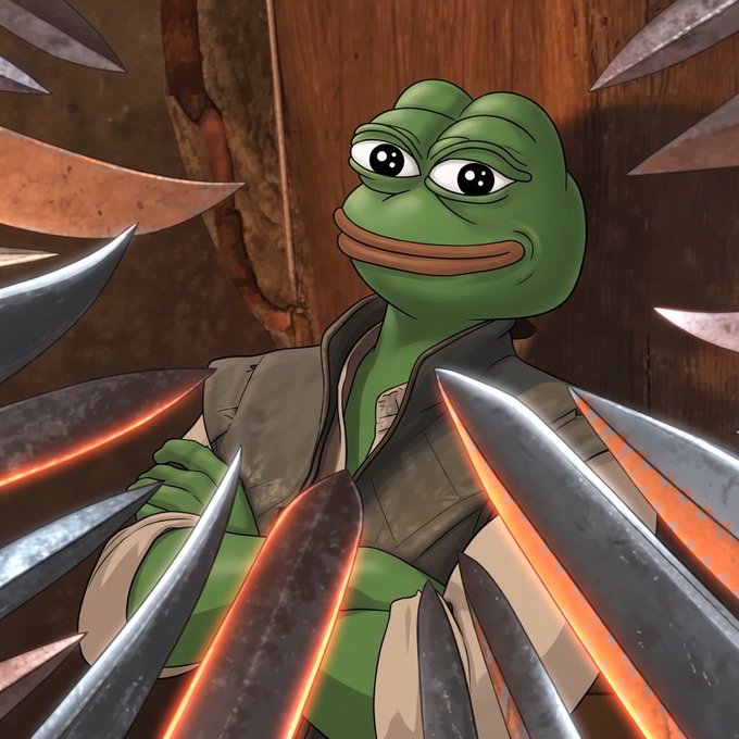 A digital artwork depicting a relaxed Pepe the Frog character wearing a brown coat, standing with arms crossed while surrounded by a ring of menacing metal spikes.