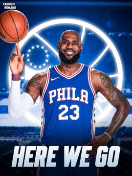 A graphic of LeBron James in a Philadelphia 76ers jersey (#23) spinning a basketball on his finger, with text reading "HERE WE GO" and the Fabrizio Romano watermark.