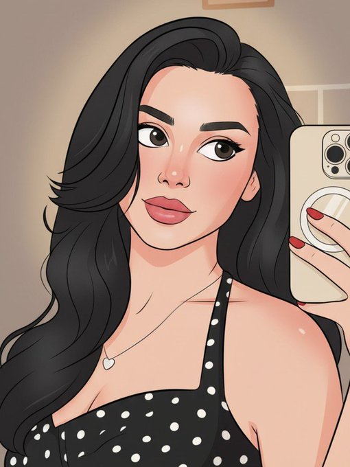 Digital illustration of a young woman with long black wavy hair taking a selfie with her phone, wearing a black and white polka dot top.